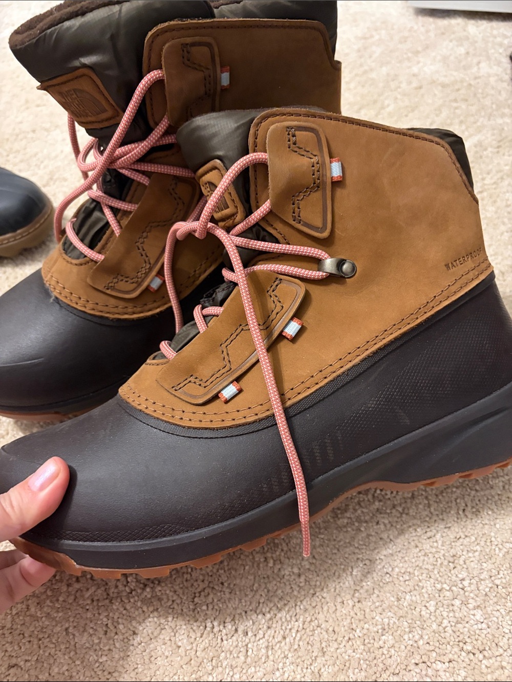 The North Face Women's Brown and Black Winter Rain Boots with Pink Laces